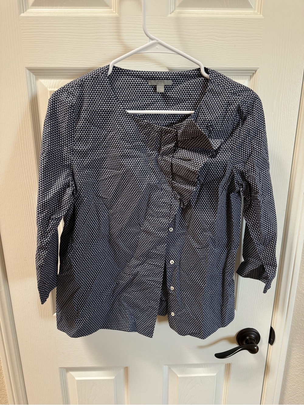 COS Navy and White Pattern Button-Down Blouse with front ruffles
